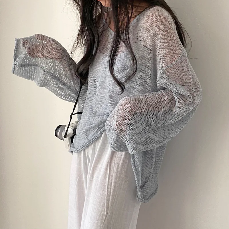 Korean Fashion Solid Color Summer French Vintage Loose Round Neck Long Sleeved Hollow Thin Style Knitting Smock All-match Tops