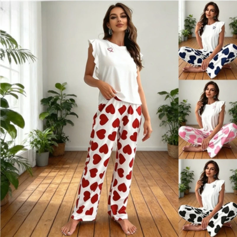 

Casual and Comfortable Women's Pajamas Can Be Worn Outside, Casual Set, Lotus Leaf Sleeve Long Pants Pajamas
