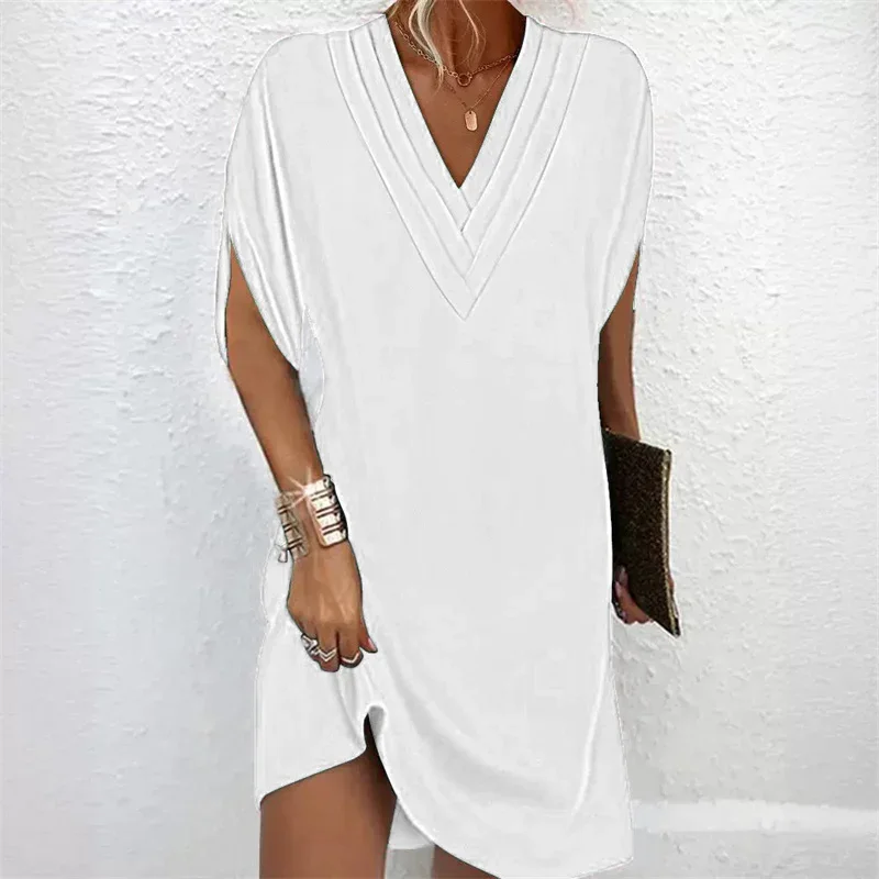 Women Elegant Multi-layered V Neck Pullover Dresses Summer Batwing Half Sleeve Dress New Female Solid Color Commuter Casual Gown