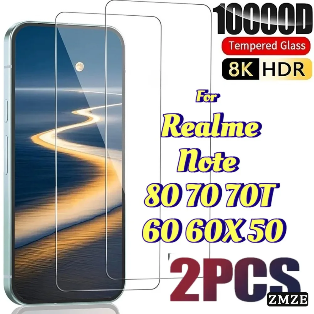2 Pieces 9H Hardness Tempered Glass Film For Realme 60X 60 50 Screen Protectors Ultra Clear HD Films For Realme Note 80 70T 70