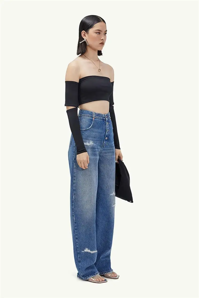 

Women's Jeanswomen's 2023 Summer New Street Fashion Casual Versatile Blue Washed Wide Leg Perforated High Waist Button Jeans