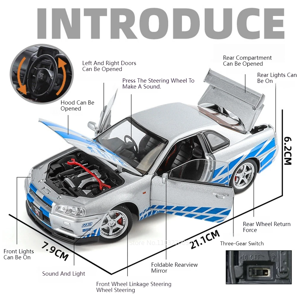 1/24 Nissan GTR R34 Auto Modell Spielzeug Skyline Legierung Druckguss Straßen autos mit zurückziehen 4 Türen geöffnet Sound Licht Spielzeug für Jungen Geschenk