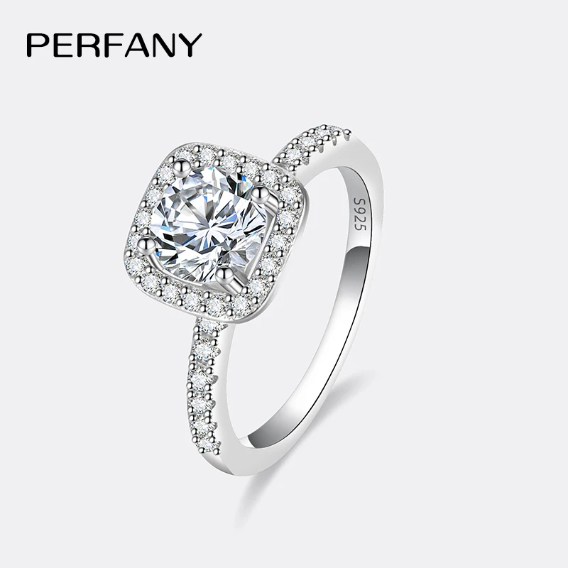 PERFANY 0.5/1/2CT Moissanite Ring for Women S925 Pure Silver Four Claw Square Wedding Ring Fashion Wedding Jewelry