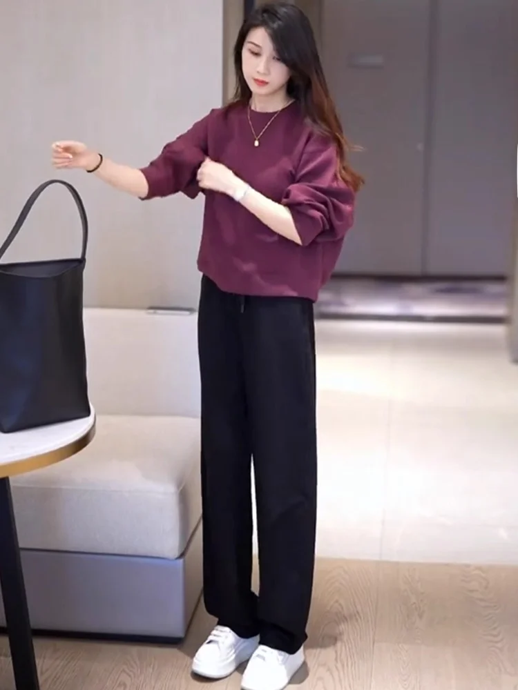 

Casual Loose Wide Leg Pants Set Women's round Ne Sweatirt Spring Autumn New Sle Faion Slimming Two Piece Suit