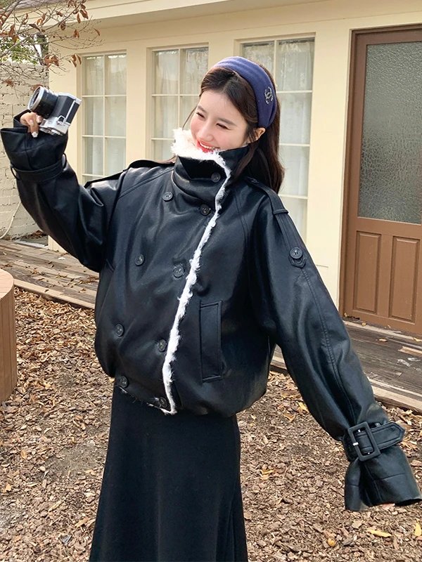 

Bla Lamb Fur Collar Fce Lined ort Leather Jaet Women's Winter Warm Thiened Casual Sle Double Breasted Coat