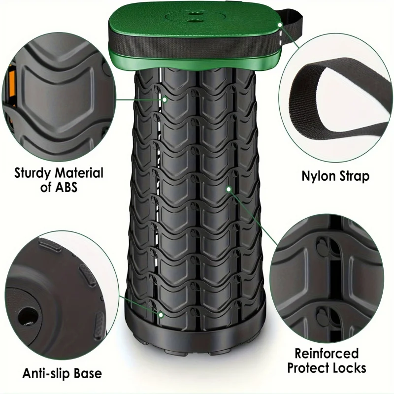 Adjustable Height Telescopic Folding Square Stool Portable Lightweight Outdoor Chair Sturdy Plastic Frame Green & Black