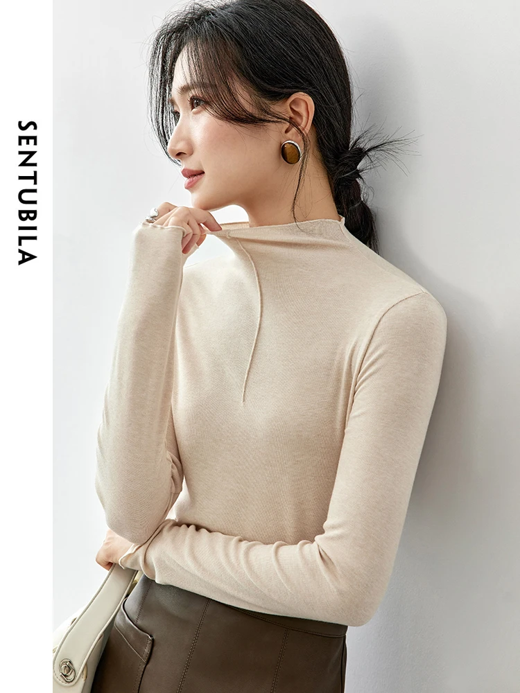 SENTUBILA Slim-fit Knitted T-shirt Women\'s 2024 Autumn Wave Half High Collar Long Sleeve Basic Comfort Women Tees 143S56756