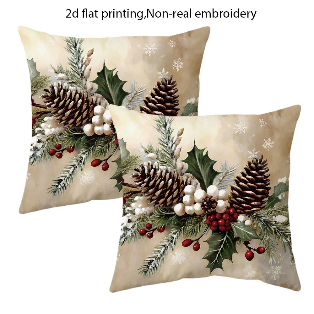 2pcs Vintage Christmas Throw Pillow Covers 18x18 Inch, Non-Realistic Embroidery, Pinecone Berry Design, Zipper Closure