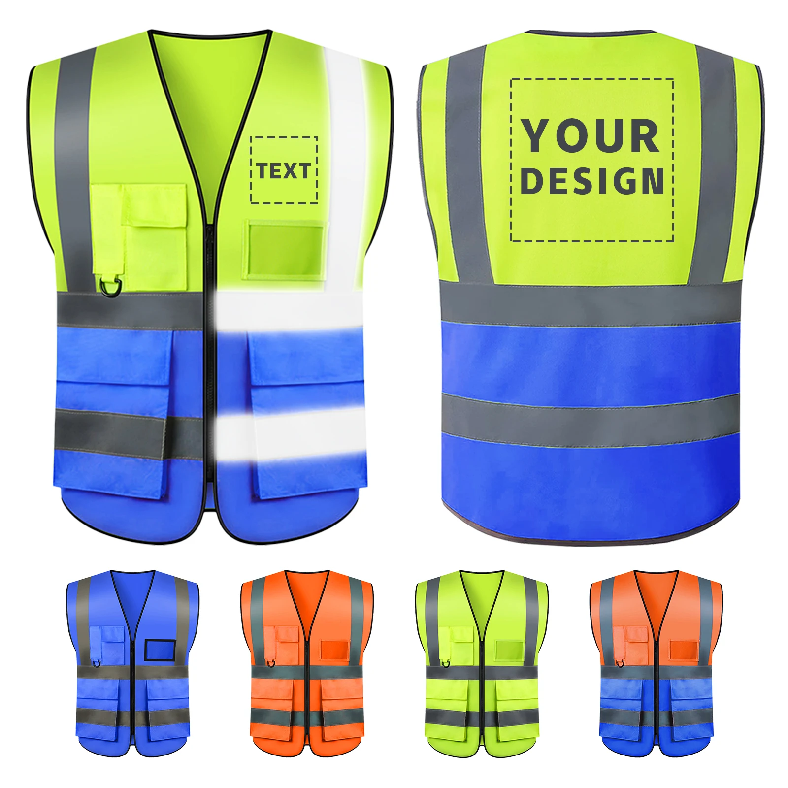 Chaleco de seguridad reflectante de alta visibilidad, ropa de trabajo de seguridad personalizada con múltiples bolsillos para conducción nocturna y trabajadores de la construcción