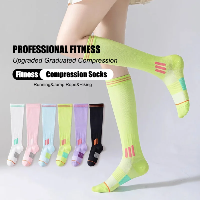 Womens Gradient Compression Knee High Socks Breathable Anti Slip Sports Calf Socks for Fitness Running Jump Rope Yoga