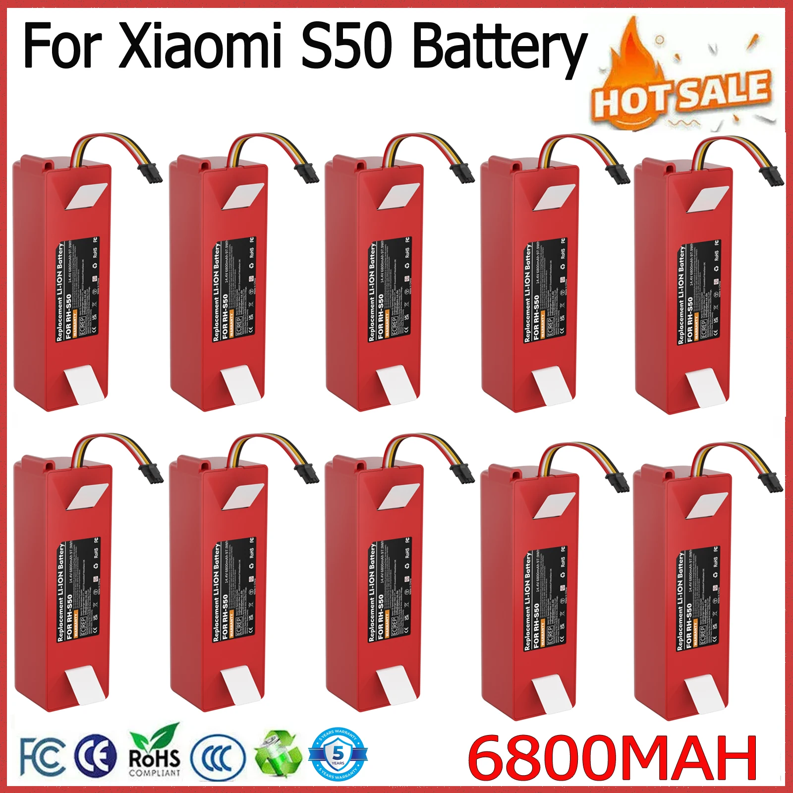 Image of 14,4V 6800mAh Ersatzakku für Xiaomi S50, kompatibel mit Roborock S55 S60 S65 S50 S51 S5 1S Staubsauger, wiederaufladbarer Akku
