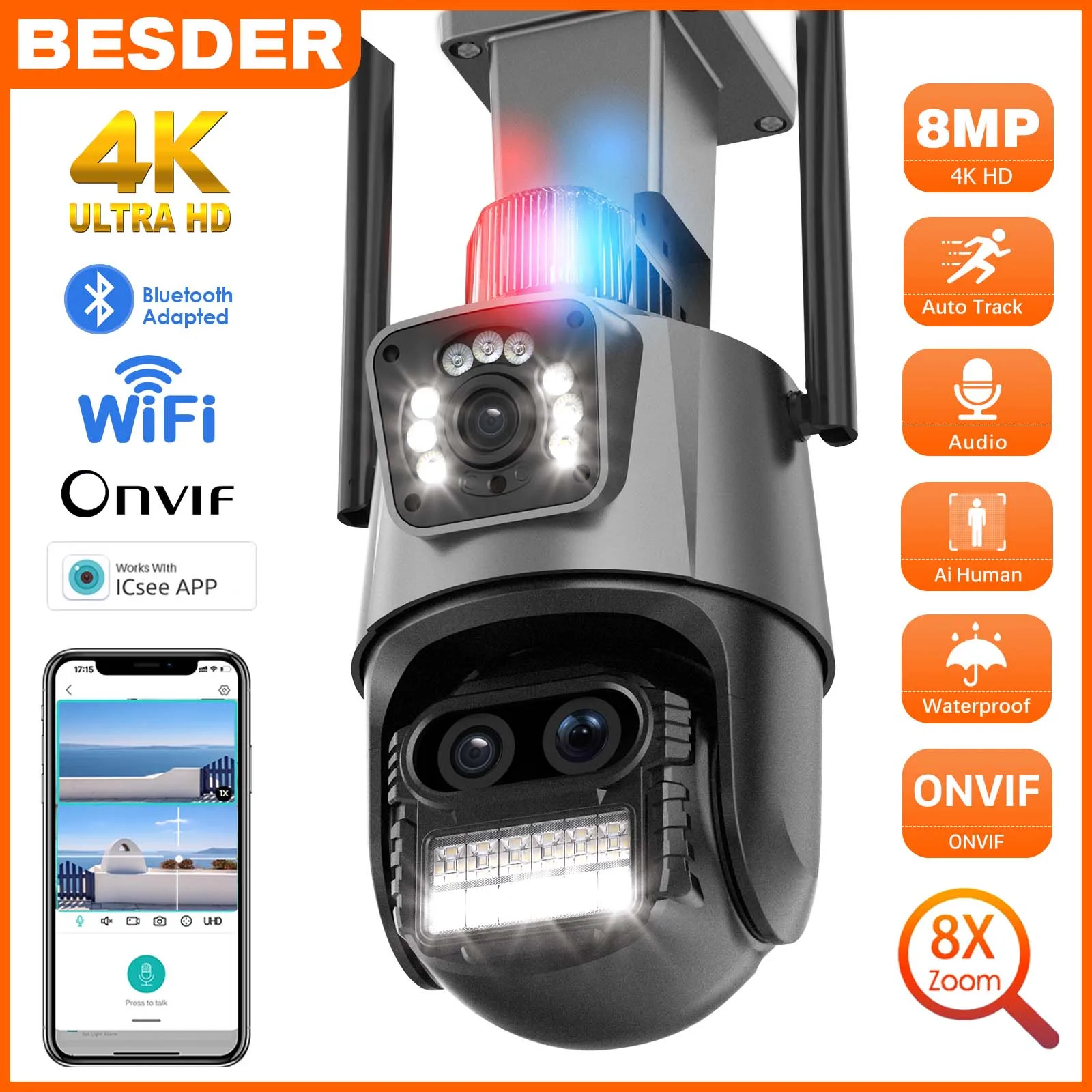 BESDER 8MP 4K PTZ Wifi Camera Three Lens with Dual Screen Multiple Ai Human Detect Wireless Outdoor Surveillance CCTV Camera