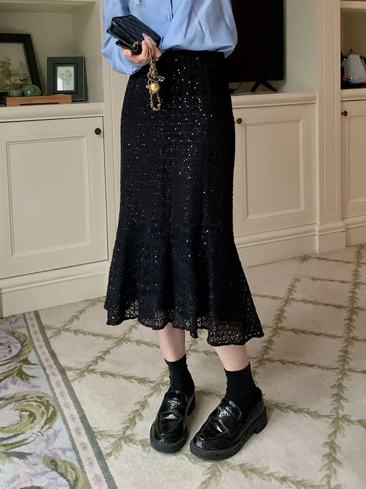 

Элегантная юбка-русалка с высокой талией, сексуальная, длинная, винтажная, облегающая, для повседневной носки, в корейском стиле, средней длины, блестящая, с эффектом хвоста русалки.