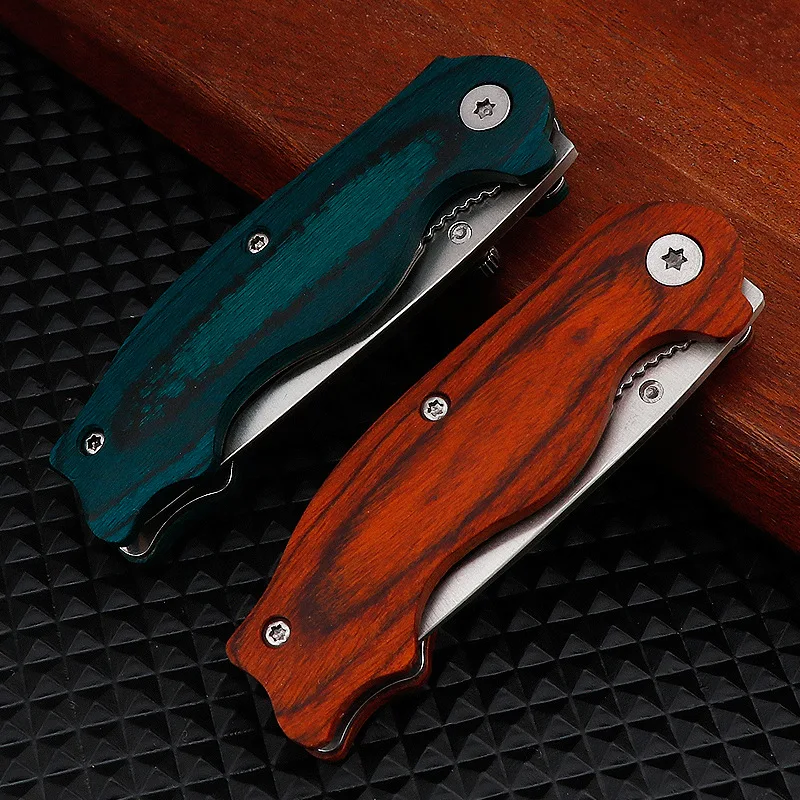 Solid Wood Handle Folding Knife Blade 4cr14 Household Kitchen Melon Fruit EDC Tool Outdoor Survival Pocket Tactical Knife