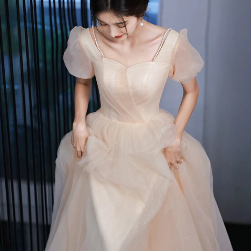 French Luxury Champagne Maxi Wedding Dresses for Bride 2025 Elegant Sexy Slim Puff Sleeve Long Prom Party Dress Women vestidos