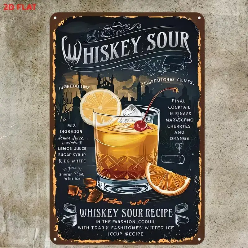 2D Flat Whiskey Sour Cocktail Vintage Metal Tin Sign - Retro Design, Lemon & Cherry, Black, Iron, for Bars/Cafes/Home Decor