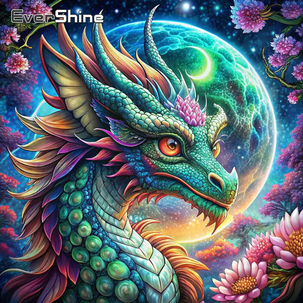 Evershine Neue Ankunft Drachen Diamant Malerei Tier Blume DIY Voll Platz Runde Cartoon Diamant Mosaik Mond Dekor Für Zuhause