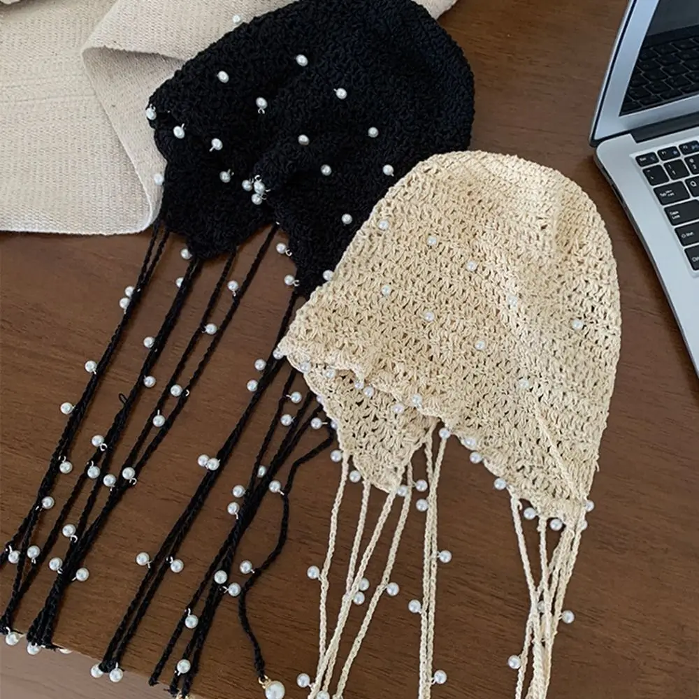 

Hollow Pearl Tassels Crochet Knitted Hat Women's Fashion Retro Sweet Ethnic Style Thin Beanies Handmade Weave Cap