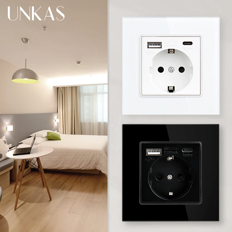 UNKAS White Type-C EU Socket Black 16A USB Port Gray 258mm 344mm Grey Glass Panel Gold Outlet Available For iPhone And Android