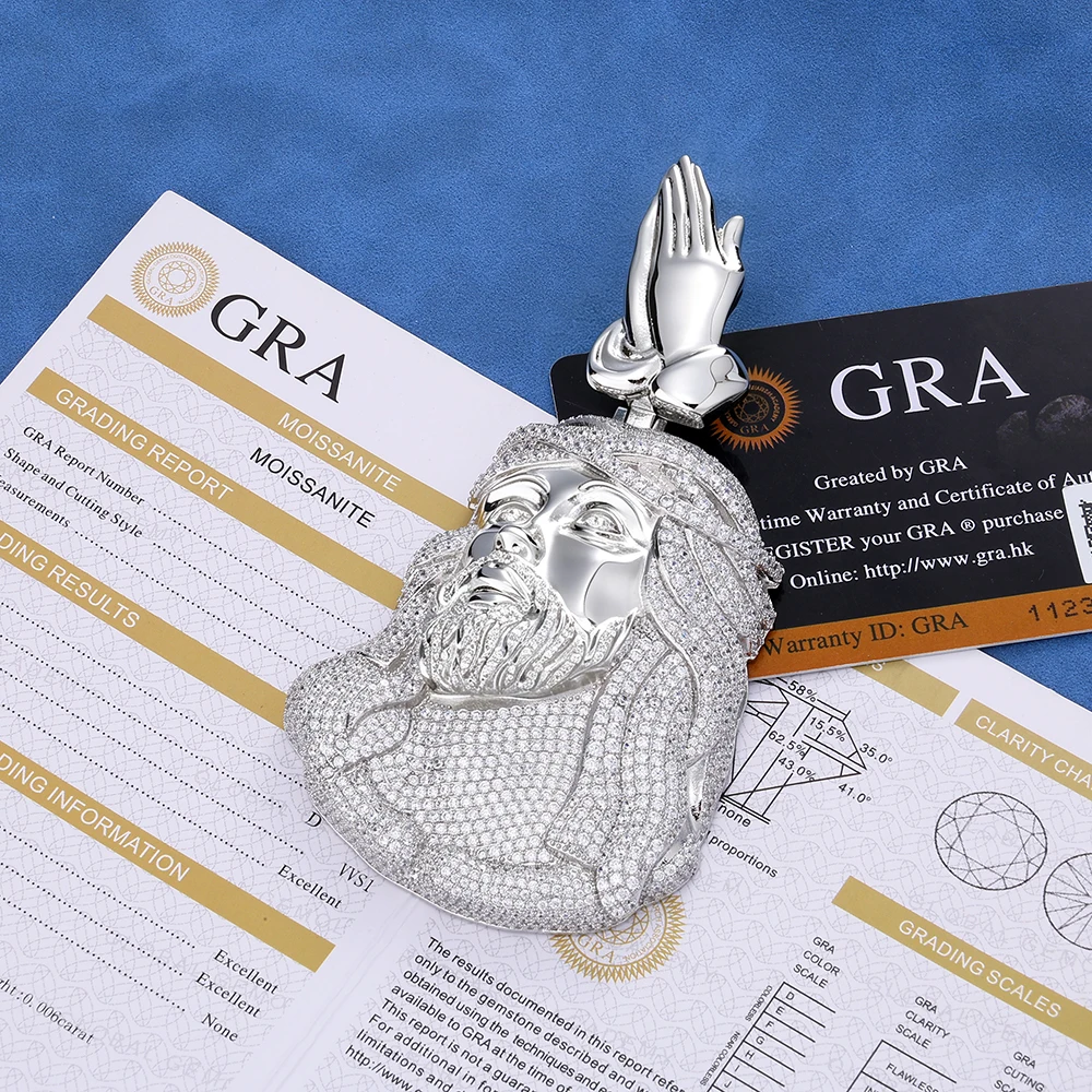 HHIOK Iced Out Jesus Head Pendant S925 Silver Moissanite Praying Hands Pendant Hip Hop Religious Jewelry For Men