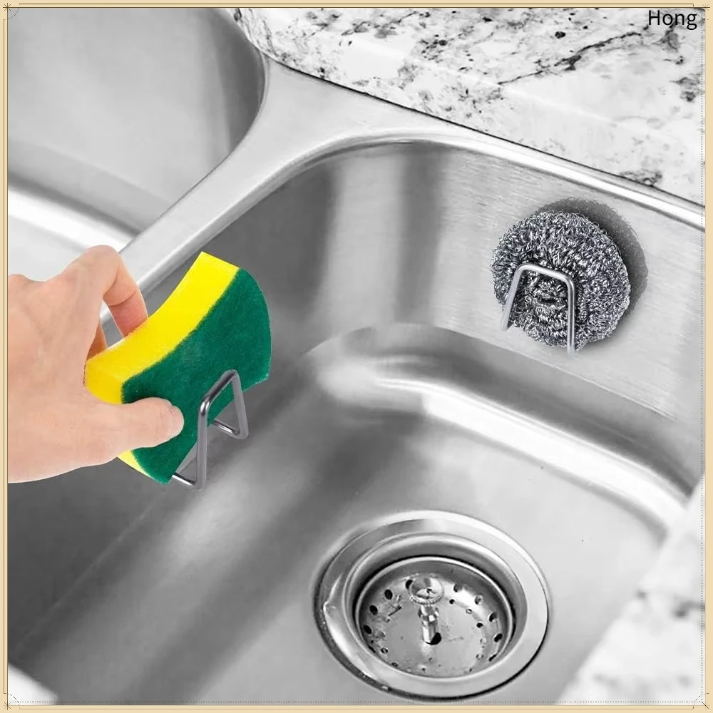 6Pcs Stainless Steel Sponge Holder, Self-Adhesive Rustproof Drainage Organizer, No Drilling Wall Mount Rack for Kitchen Bathroom
