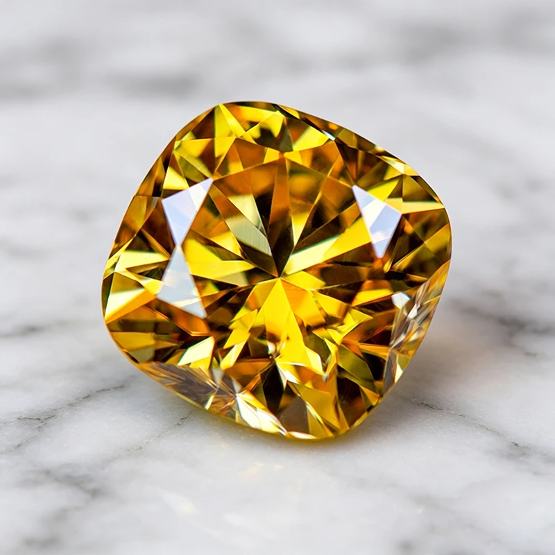 Moissanit-Stein im Kissen-Schliff, goldgelber Edelstein für DIY-Schmuckherstellung, besteht den Diamanttest mit Zertifikat. – Detail 3