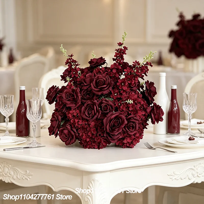 Burgunderrote Rosen Künstliche Blumen Tischdekoration Dunkelrotes Blumenarrangement Hochzeit Esstisch Deko Party Bankett Event Dekoration – Detail 5