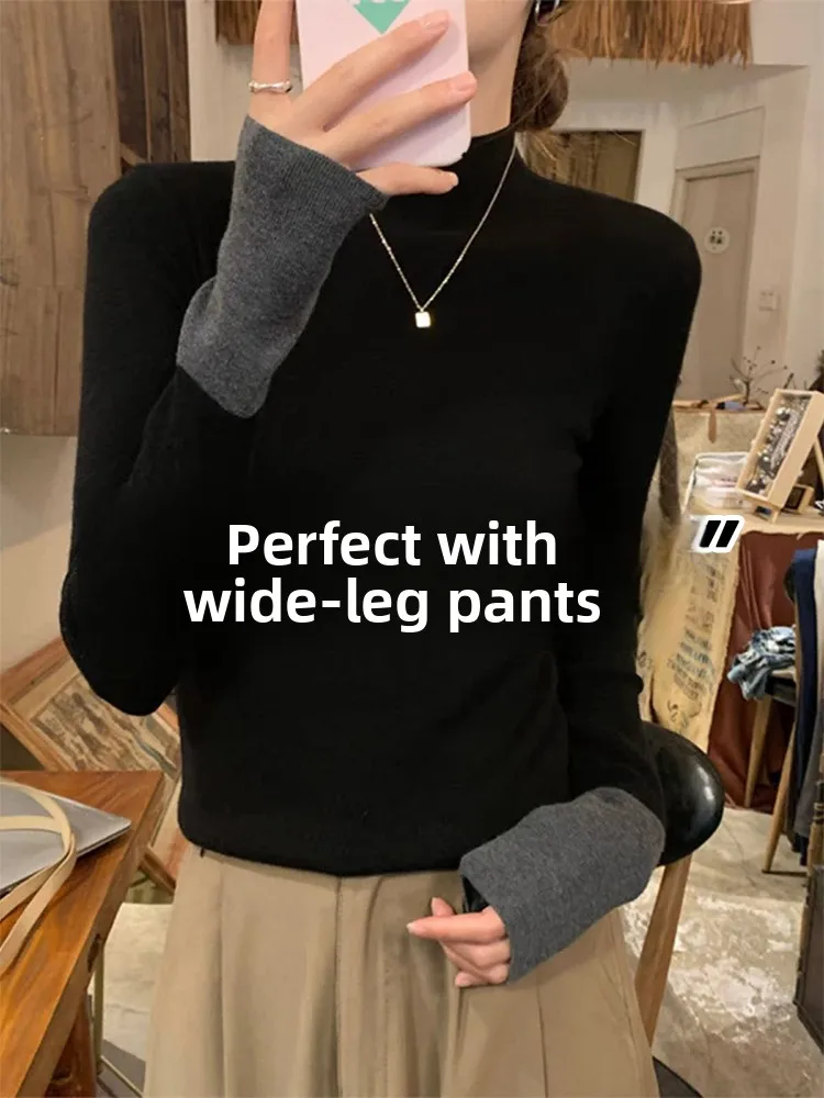 

Elegant Swan Neck Half High Collar Knitted Sweater Women's Slim Fit Inner Wear Top Spring Autumn Winter T Color Block Base Shirt