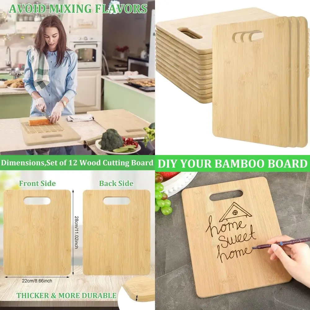 Conjunto de 12 tábuas de corte de bambu com alças – Placas grossas de cozinha e jantar para gravura e cozinhar