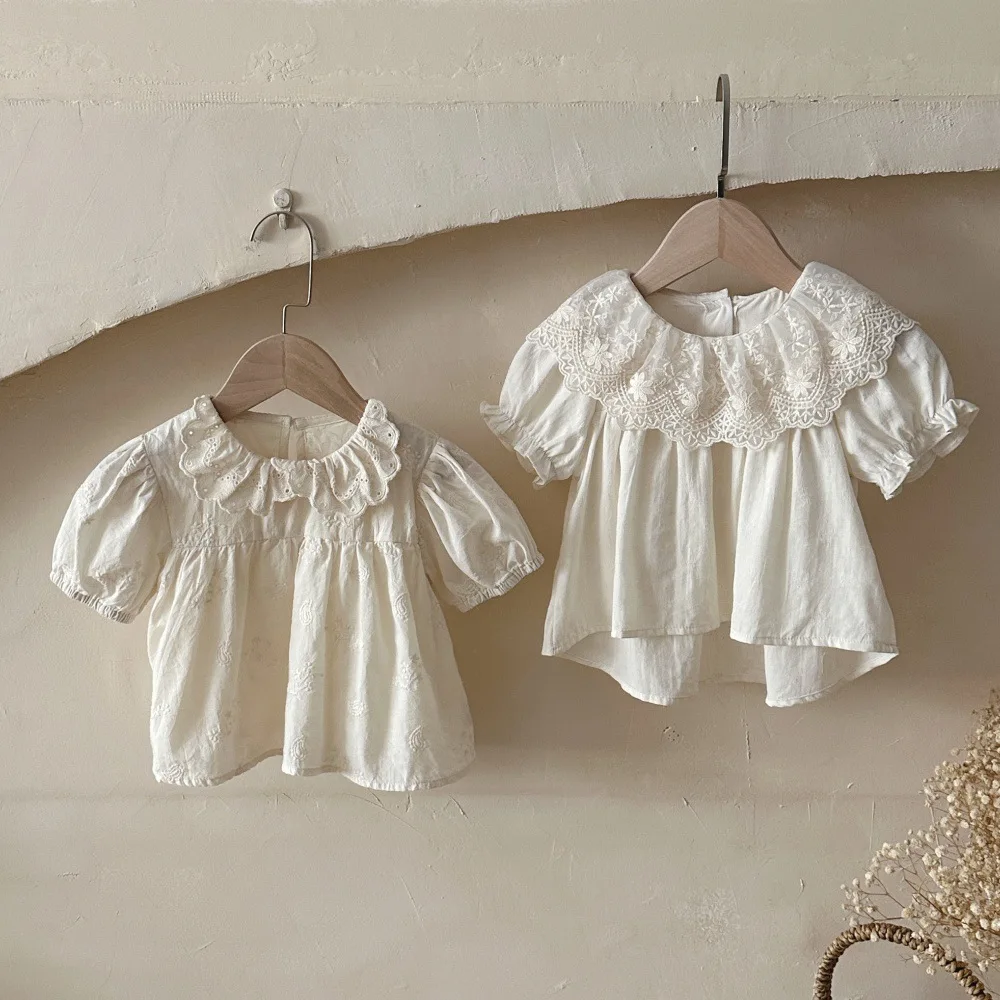 2026 Summer New Girls Short Sleeve Shirts Baby Girl Sweet Embroidery Lace Collar Blouse Infant Cotton Tops Toddler Clothes