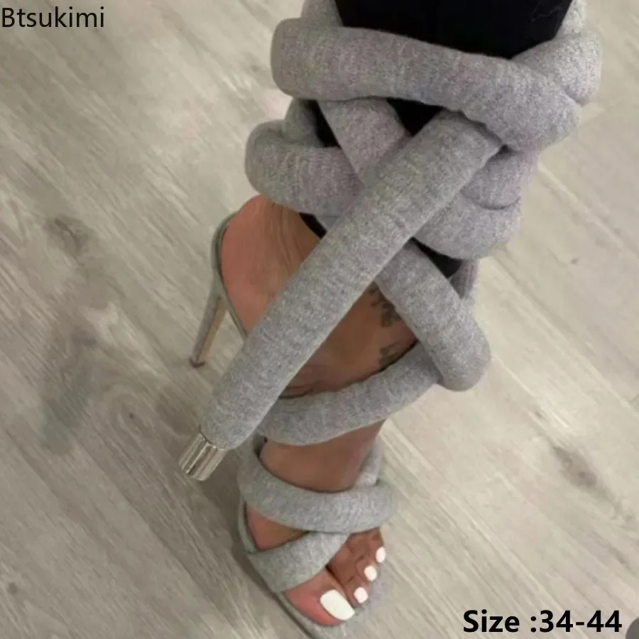 

2024 Women's Thin High Heels Sandals Square Toe Super High Heels Sandals for Women Cross Straps Foot Wrap Oversized Roman Shoes