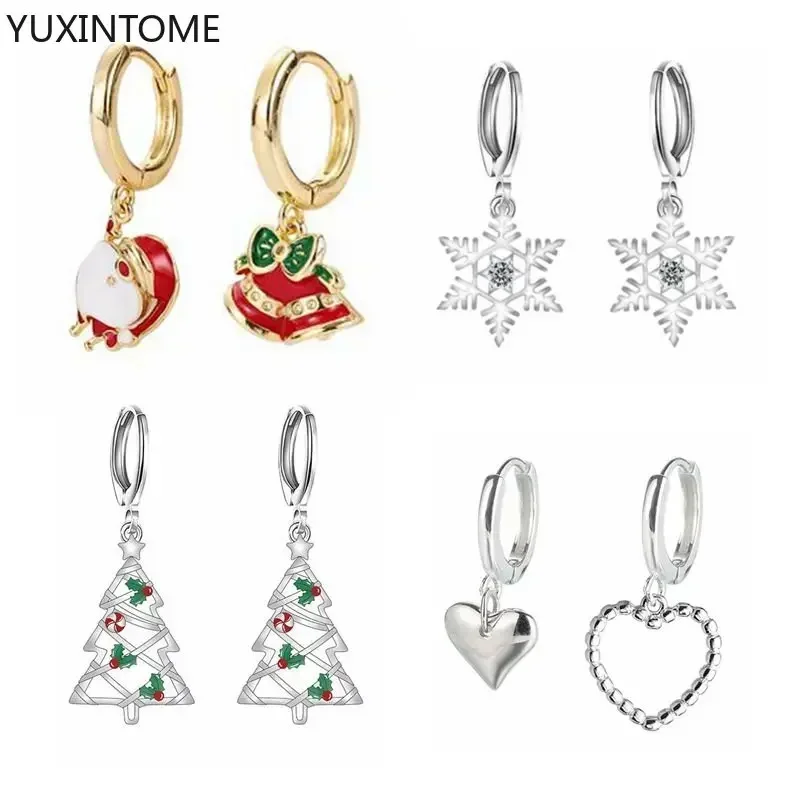 925 sterling silver ear Needle Christmas series earrings Santa bell/snowflake/Christmas tree pendant hoop earring New Year gift.