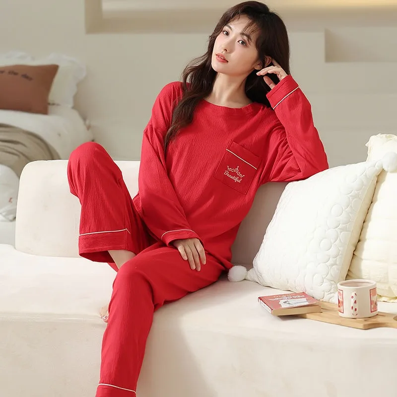 Pure Cotton Long Sleeved Pajamas Women Spring Autumn Winter Sleepwear Red Loose 100KG Home Clothing Set Plus Size Loungewear