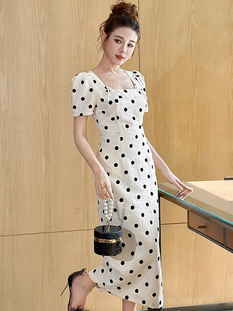 Nieuwe Zomer Vrouwen Retro Dot Parel Vierkante Hals Midi Kokerjurk Elegant Kantoor Formele Gelegenheid Gewaad Party Prom Slanke Dames Casual
