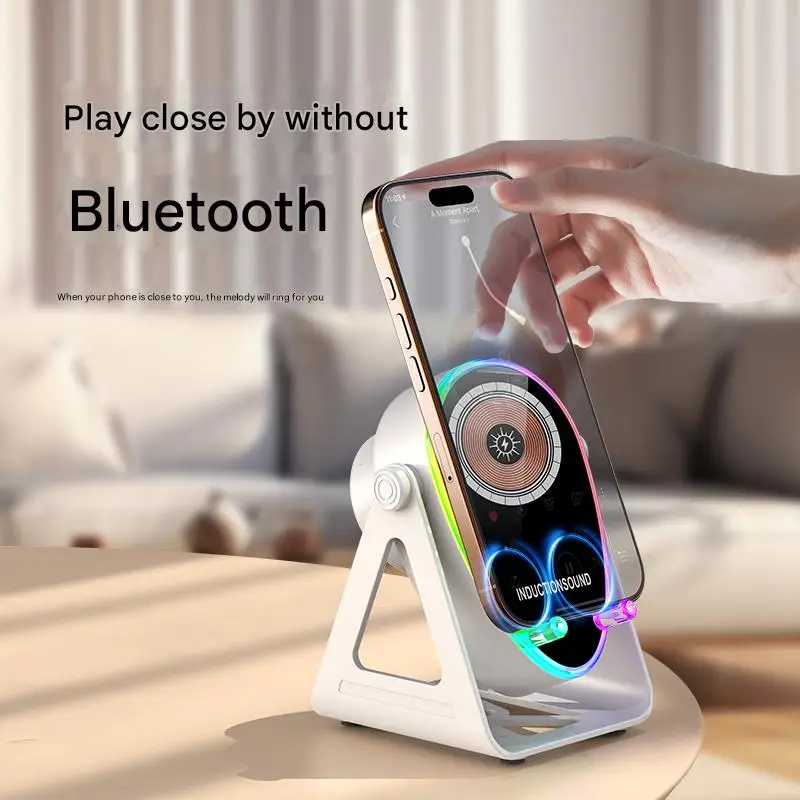 Support pour téléphone avec haut-parleur de chargement sans fil : charge rapide de 15 watts, Bluetooth 5.3, lumière ambiante adaptée à tous les téléphones
