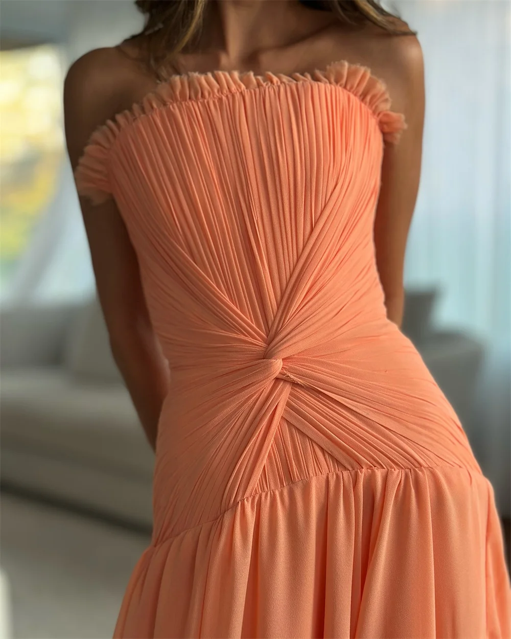 

Orange Evening Dress Customized A-Line Strapless Robes De Soirée Sleeveless Chiffon Party Dress Floor-Length Backless Prom Dress