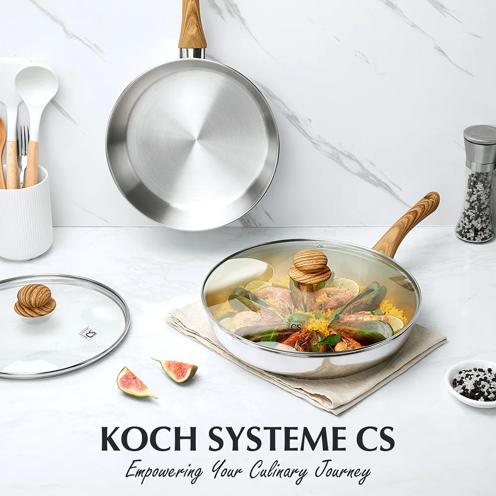 

KOCH SYSTEME CS Stainless Steel Frying Pan with Heat-resistant Bakelite Handle Egg Skillet with Lid for Cooking Dishwasher Safe