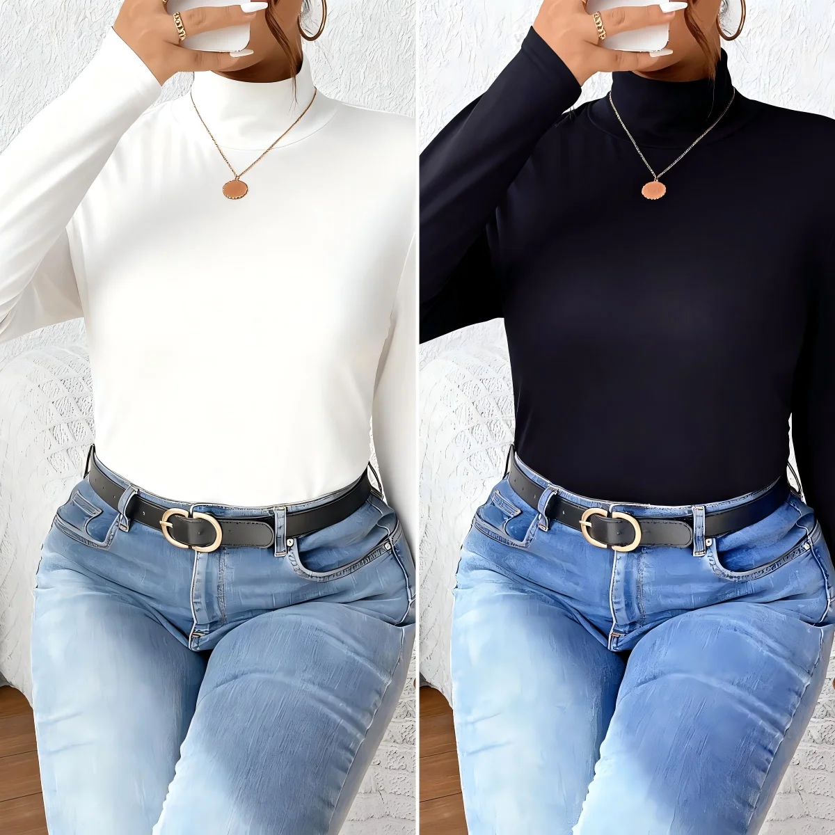 

Комплект из 2 предметов, однотонные женские футболки, флисовая повседневная базовая рубашка, осенняя одежда с высоким воротником, эластичная одежда с длинными рукавами