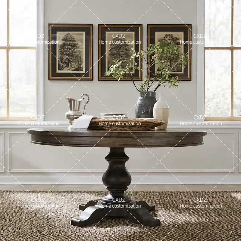 American Country Style Solid Wood Round Dining Table Retro Simple Household French Medieval Design Club Negotiation Table