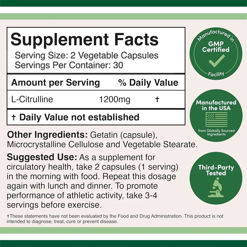 L-citrulline Capsules, 1200mg Per Serving, 60 Capsules, Monthly Supplement, Nitric Oxide Booster, Muscle Recovery Supplement