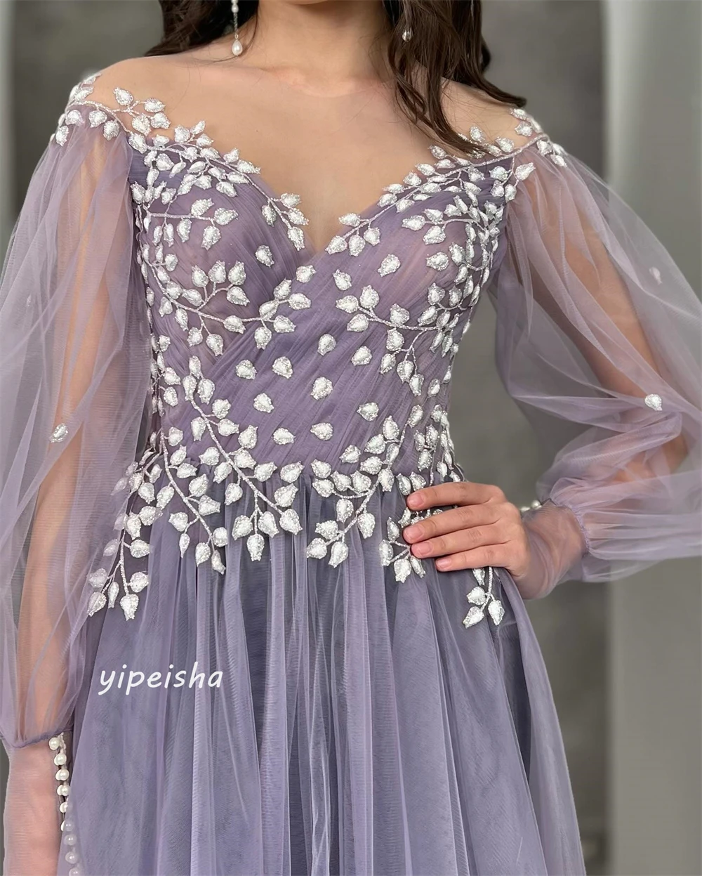 Robe de Soirée Trapèze à Épaules Dénudées, Appliques en Tulle, Plis Drapé, sur Mesure, pour Occasions sulf