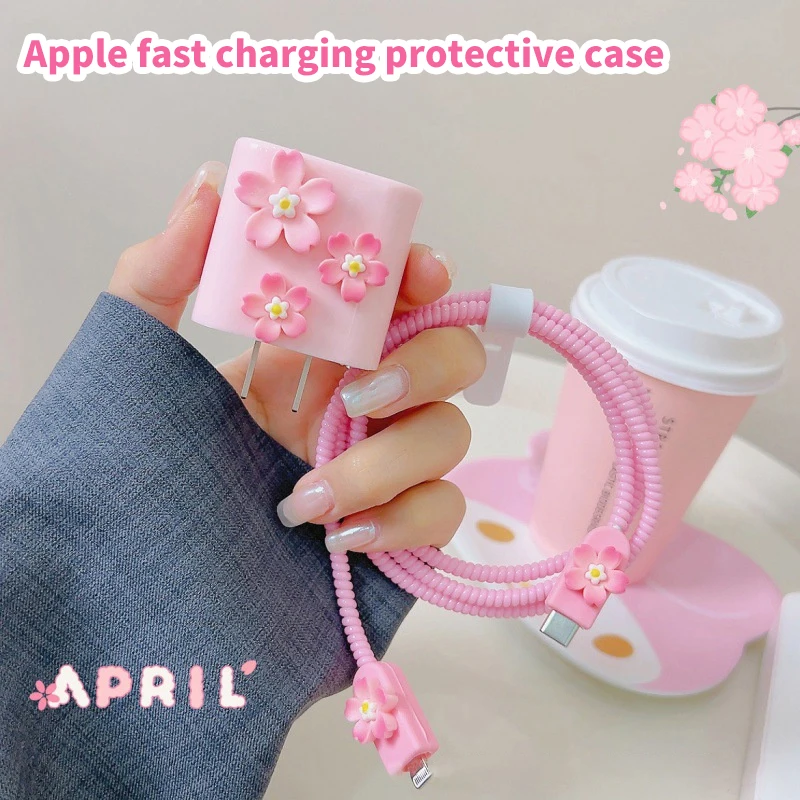 Pink Flower Soft Silicone Charger Case For IPhone 11 12 13 14 15 18W-20W Protection Cover Charger Sleeve Accessories