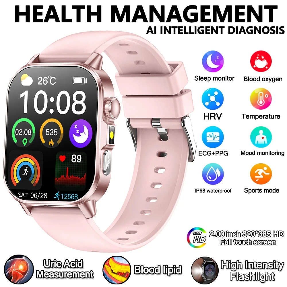 2026 Nieuwe Gezondheid Verpleging Grade Smart Horloge Mannen Bloedlipiden Urinezuur Tracker ECG + PPG Klok Bluetooth Oproep Smartwatches Mannen vrouwen