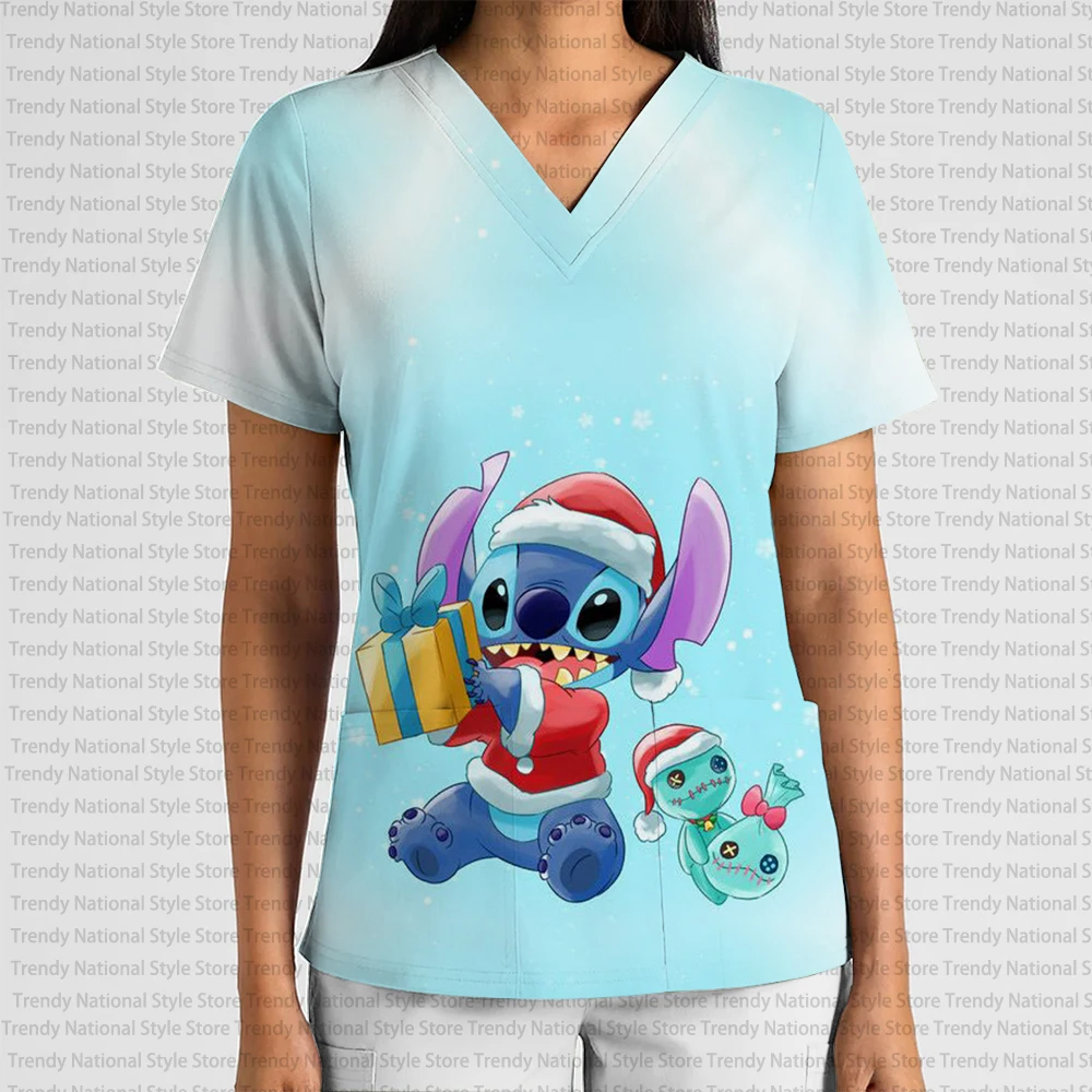 أزياء المرأة الأنيقة العمل موحدة متجمد الأعلى الخامس الرقبة جيب تي شيرت رائعة ديزني عيد الميلاد غرزة تي شيرت مطبوع