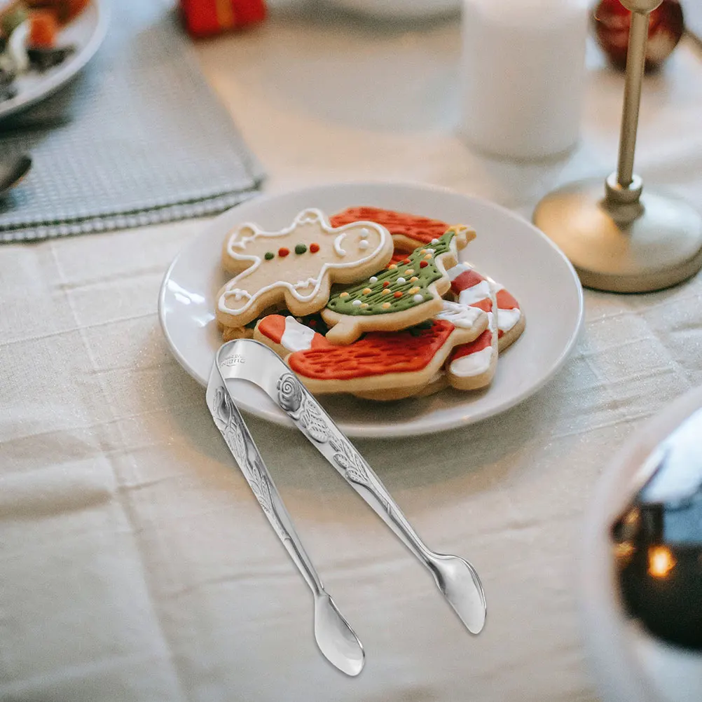 

4pcs Cookie Tongs Set Rose Embossed Stainless Steel Ice Tongs For Bbq Cocktail Party Kitchen Gadget Multi-Function Food Tong