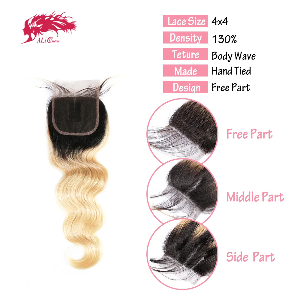 Ali Queen Hair Body Wave 1B/613 Blonde Closure Human Hair 4X4 Lace Closure Raw Hair Free Part invisible Swiss Lace Pre plucked
