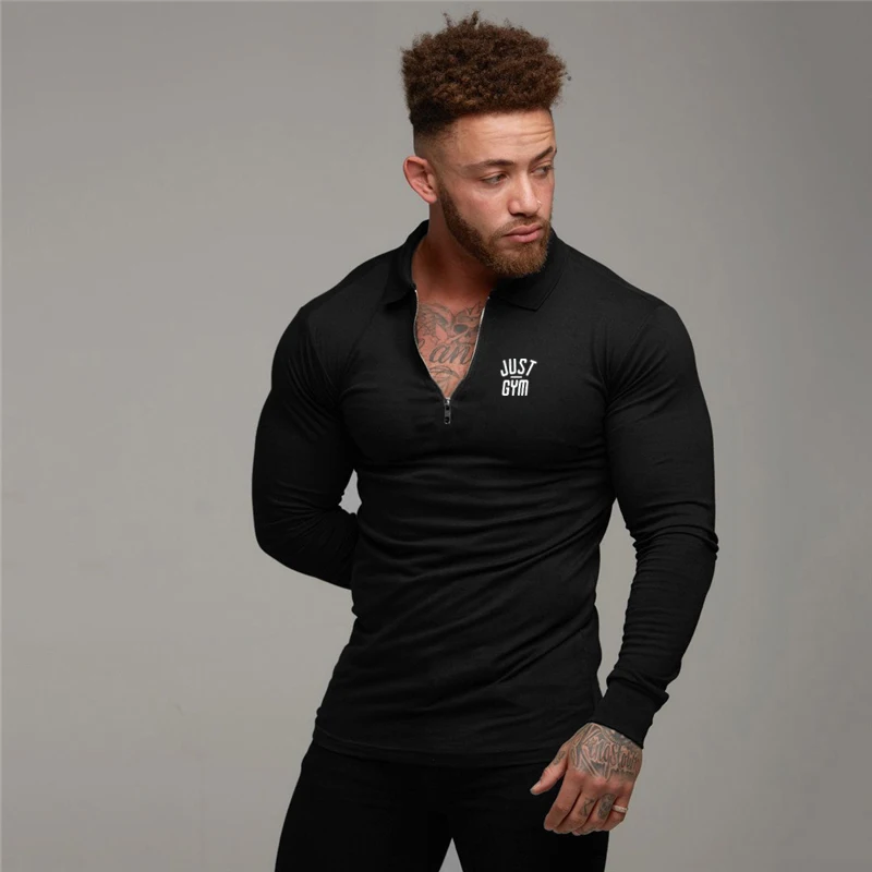 Men\'s Running Fitness Zippered Lapel Polo Shirts Autumn Cotton Long Sleeve Slim Fit Tees Gym Bodybuilding Workout Muscle Shirt