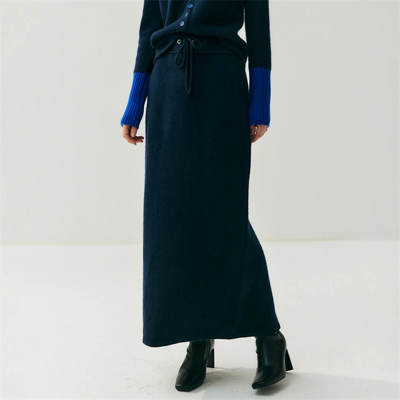 Chic Women's Long Skirt 100% Cashmere Straight Skirt Knit Autumn Winter Ankle-Length Skirt Warm Elegant Casual Rear Slit Dress
