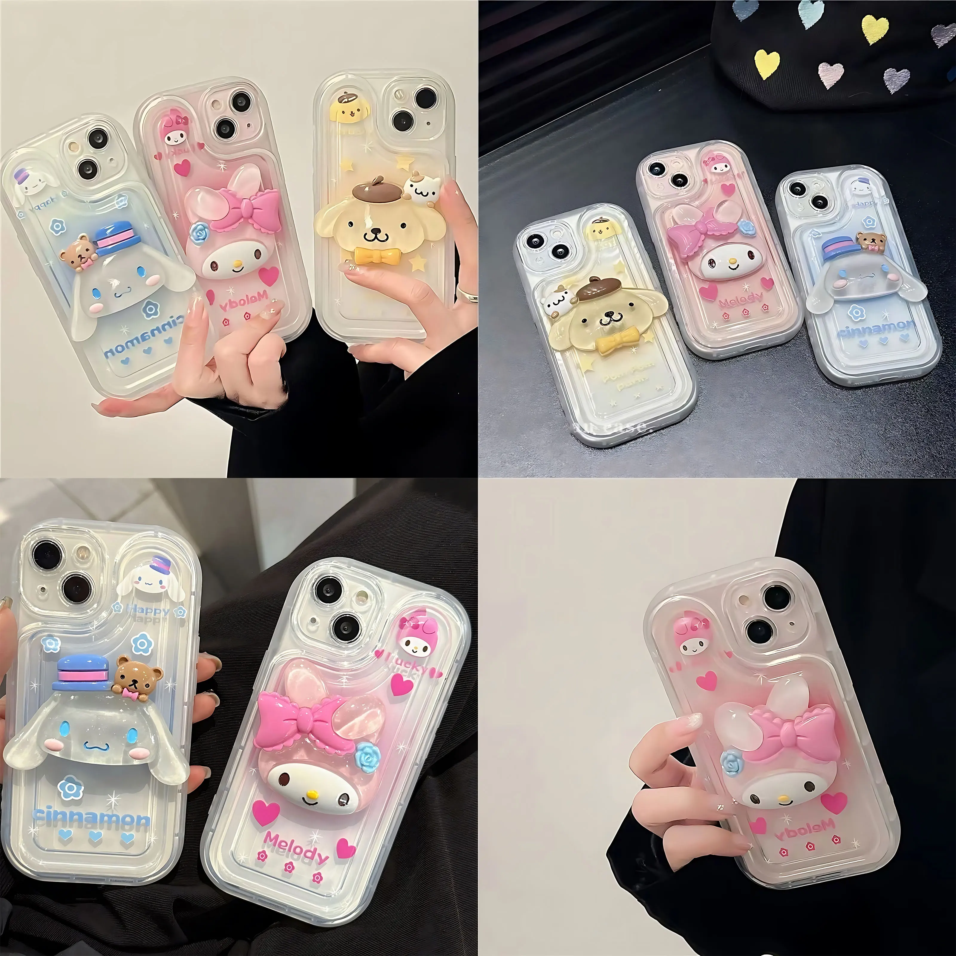 Cartoon Cute Melodys Cinnamoroll With Mobile phone holder Phone Case for iPhone 16 15 14 13 12 11 Pro Max 7 8 Plus X XR XSMax