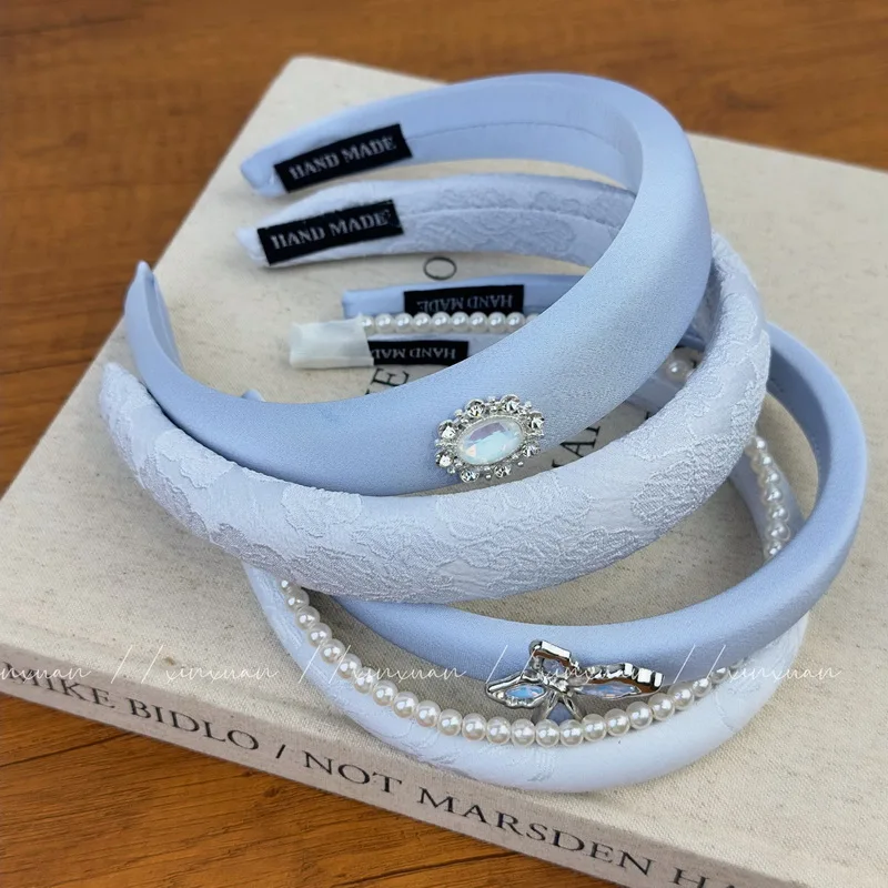 كوريا الأزرق عقال للنساء لؤلؤة العصابات الشعر الفتيات حجر الراين الشعر الأطواق الحلويات القوس العصابات الشعر ماكياج هوب إكسسوارات الشعر